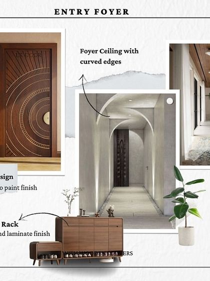 The entry foyer sets the tone for the entire home. This mood board visualizes a main door with a CNC cut design, a foyer with curved ceilings and photo frames, and a practical shoe rack with seating.