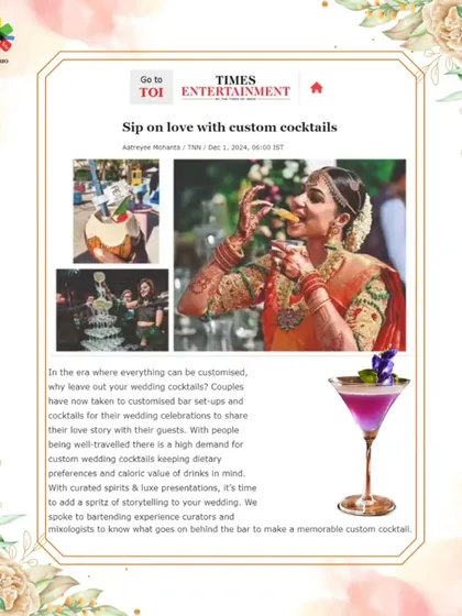 We were featured in The Times of India for our expertise in custom wedding cocktails. The article highlights the growing trend of personalized bar setups and how we help couples tell their story through curated drinks.