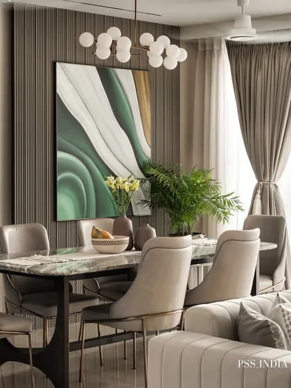 A dining room is where stories are shared. I styled this space to feel both elegant and inviting, using a mix of natural greens, rich marble, and modern lighting to create an atmosphere for memorable meals.