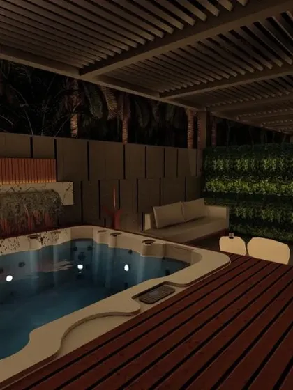 A render of a private jacuzzi deck for a hotel suite, featuring a small waterfall and a vertical garden. This space is curated as a personal sanctuary where guests can relax and rejuvenate in complete privacy.