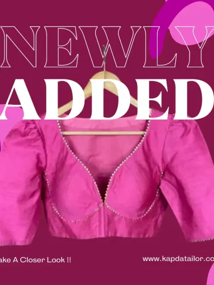 Newly added! This graphic announces a new arrival, a stunning pink blouse with a deep V-neck and puff sleeves.