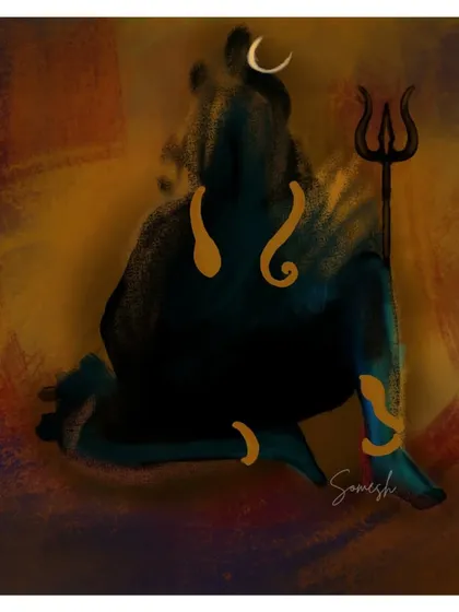 An abstract, painterly illustration of Lord Shiva in meditation. I used a darker, moody palette with hints of gold to represent his divine and mysterious nature, holding his Trishul.