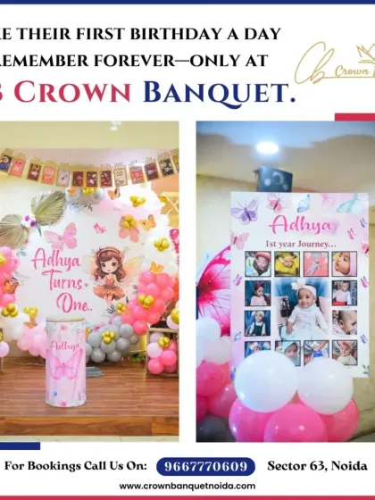 A personalized touch for a first birthday. This butterfly-themed decor includes a custom photo board showcasing the baby's first year journey, adding a sentimental and unique element to the celebration.