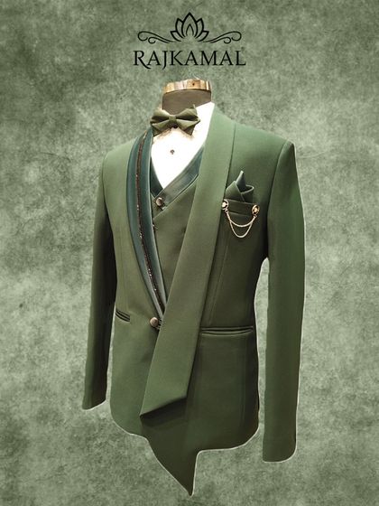 A full mannequin shot of the olive green tuxedo, providing a clear view of its structure, color, and distinctive design.