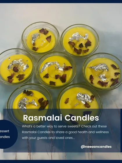 Inspired by another one of my favorite sweets, these Rasmalai candles are set in small glass bowls. We top them with dried rose petals and a touch of silver vark to make them look truly authentic and delicious.