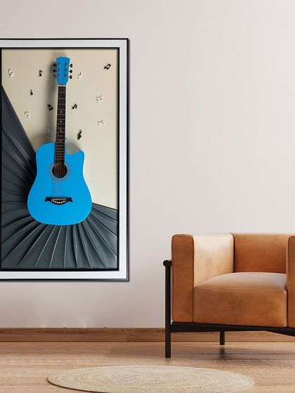 For music lovers, this pop art shadow box features a bright blue guitar set against a textured, fan-like background with floating musical notes. The 3D design makes it a dynamic and fun piece of wall decor.