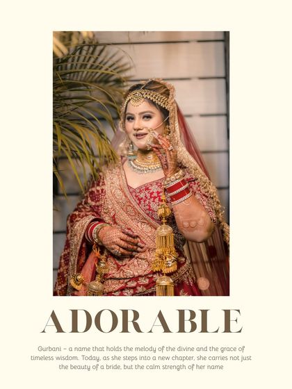 A classic, elegant portrait of the Sikh bride, Gurbani, her hand gently touching her nath, showcasing her traditional jewelry and calm demeanor.