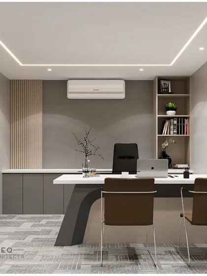 This is a 3D design for a private cabin in a CA's office in West Delhi. I used a calm, monochromatic color scheme and clean lines to design a focused, uncluttered workspace for maximum productivity.