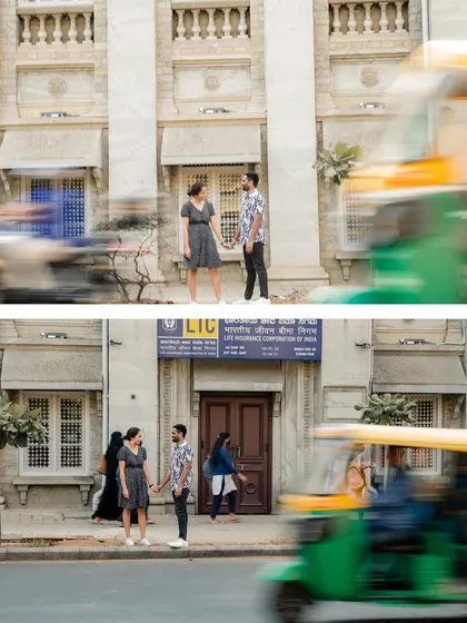 A unique shot using motion blur to frame the couple against a busy Bangalore street, showing their calm connection amidst the city's chaos.