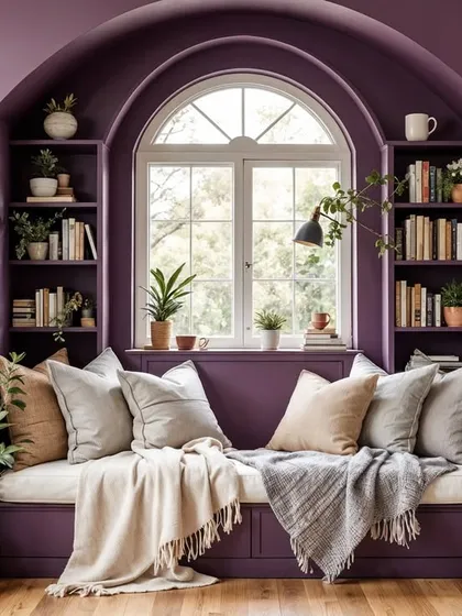 A beautiful window seat framed by built-in bookshelves, all in a deep, calming purple. It’s the perfect spot to curl up with a book.