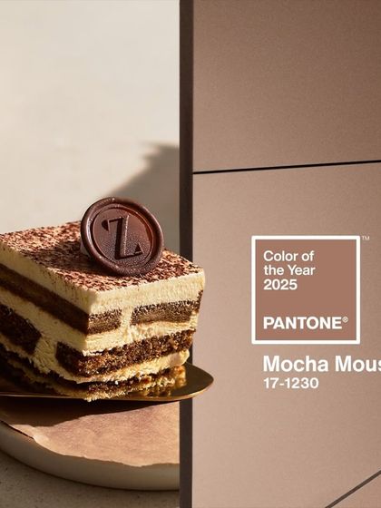My Tiramisu slice, perfectly layered, is shown alongside the Pantone Color of the Year, Mocha Mousse. The rich coffee and cocoa colors are a perfect match.