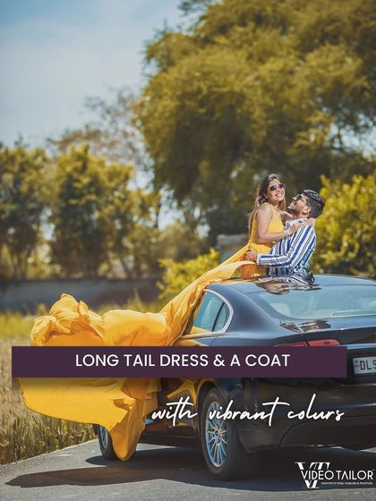 A long-tail dress adds instant drama and a cinematic feel to any photo. Paired with a smart coat for the groom, this vibrant yellow gown makes a bold statement and is perfect for creating show-stopping images.