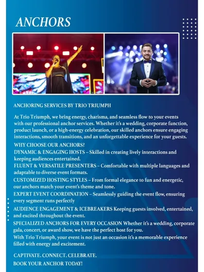 Our professional anchors and emcees are skilled at engaging the audience and ensuring your event flows seamlessly. They can host in multiple languages and adapt their style to any occasion.