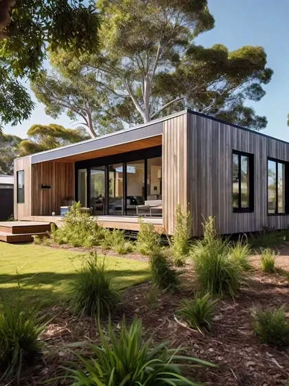 A modern prefab farmhouse with natural wood cladding and large windows. This design emphasizes clean lines and a connection to the outdoors, perfect for a peaceful country setting.