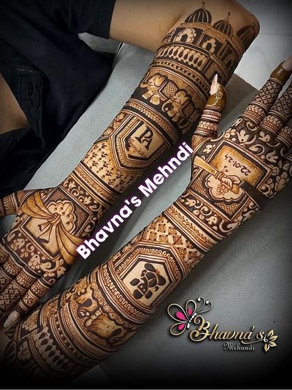 This bridal design incorporates the wedding date and initials into a beautiful tapestry of traditional patterns. It features elephants, architectural domes, and delicate check work.