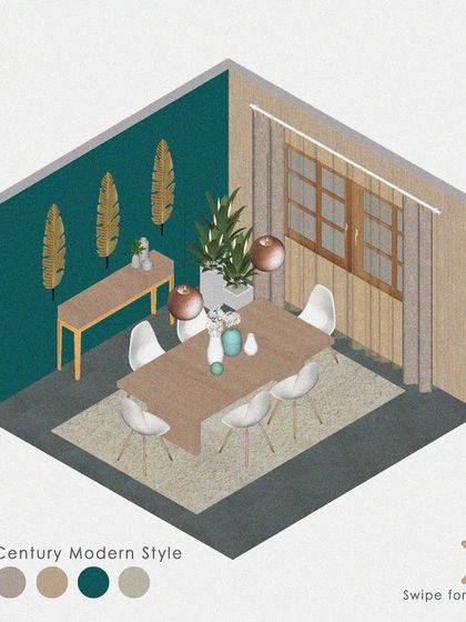 This isometric render visualizes a Mid-Century Modern dining room. The design features an accent wall in a deep teal, tapered-leg chairs, and warm wood furniture, capturing the airy and timeless feel of the style.