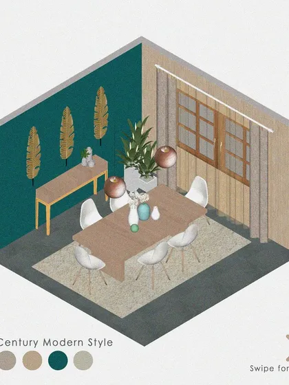 This isometric render visualizes a Mid-Century Modern dining room. The design features an accent wall in a deep teal, tapered-leg chairs, and warm wood furniture, capturing the airy and timeless feel of the style.