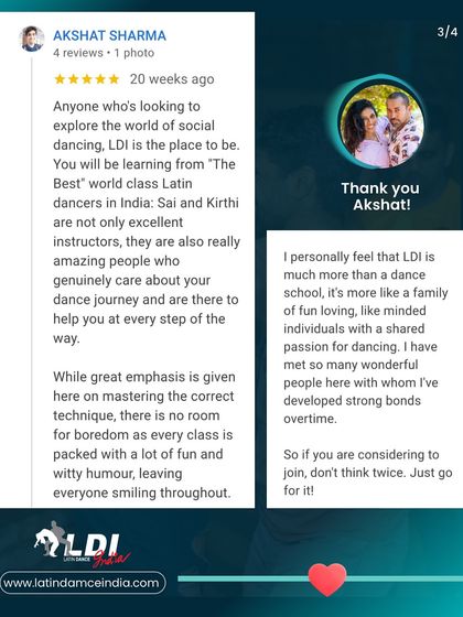 "LDI is much more than a dance school, it's more like a family." Thank you, Akshat. We strive to create a fun loving community with a shared passion for dancing.