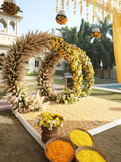A sun-kissed Haldi ceremony featuring a unique circular arch made of pampas grass and sunflowers. This poolside decor at Justa Rajputana, Udaipur, was designed to feel both rustic and chic.