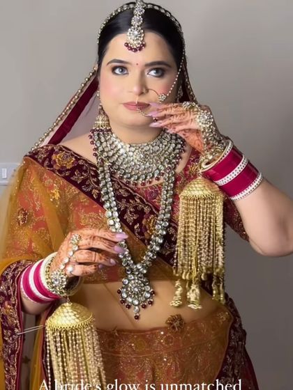 A full-body shot showing the bride's complete look and her magnificent kalire.