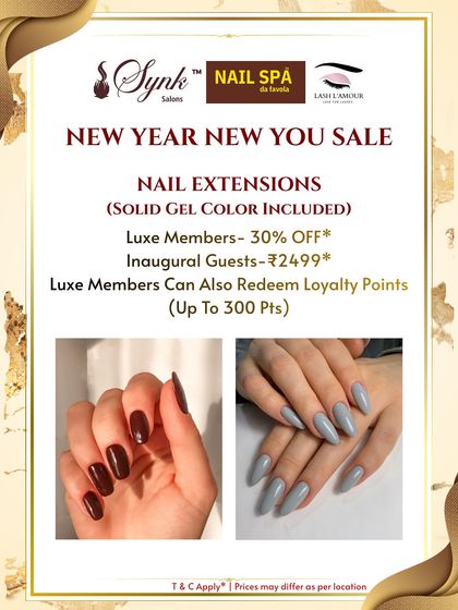 A promotional graphic for nail extensions, including solid gel color. The images show two beautiful examples of the service, one in a deep maroon and the other in a soft grey.