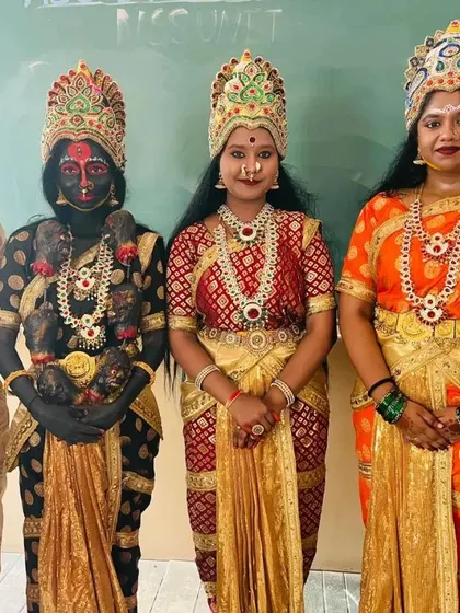 Getting this beautiful group of performers ready for their Navratri show. I created a range of goddess looks, from a dramatic Kali to more serene deities, ensuring the entire troupe looked cohesive and authentic on stage.