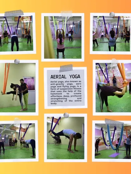 A collage showcasing the variety of our aerial yoga classes. From instructor-assisted stretches to challenging inversions, this gives you a snapshot of the supportive and dynamic environment we've created.