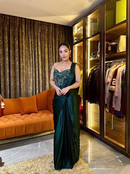 The full-length view shows how the makeup completes this stunning festive ensemble, making it perfect for a Diwali party or special event.