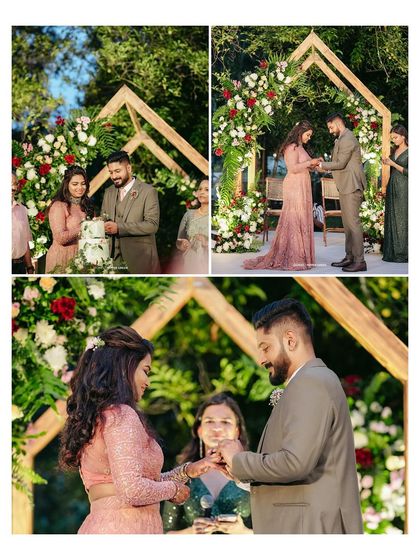A collage of the ring exchange and cake cutting from Ameera and Richard's outdoor ceremony. These are the classic, essential moments of any wedding celebration.