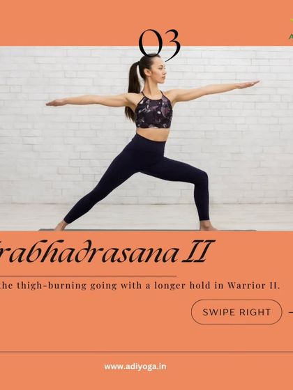 This graphic shows Virabhadrasana II, or Warrior II. Holding this pose for longer builds fire in the thighs and strengthens the legs and core, helping you channel your inner warrior.