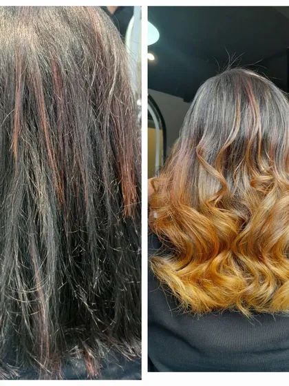 A dramatic before and after. This client came in with dark, unevenly colored hair. I performed a careful color correction, combining delicate babylights with a soft ombre to create this bright, blended blonde look that is full of movement.