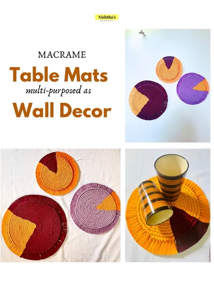 These multi-purpose macrame table mats show how you can play with color and function. Use them on your dining table or hang them on the wall for a pop of boho art. The color-blocked design is modern and fully customizable.