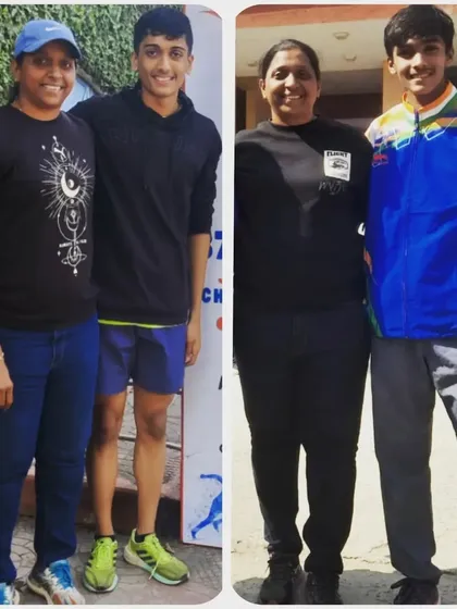 A collage showing my athletes Jason and Vidit with me at the State Youth Athletics Meet, where they both won bronze medals.