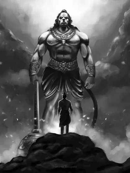The black and white version of my conceptual Hanuman artwork. This monochrome image emphasizes the dramatic lighting and the powerful contrast between the devotee and the towering deity.