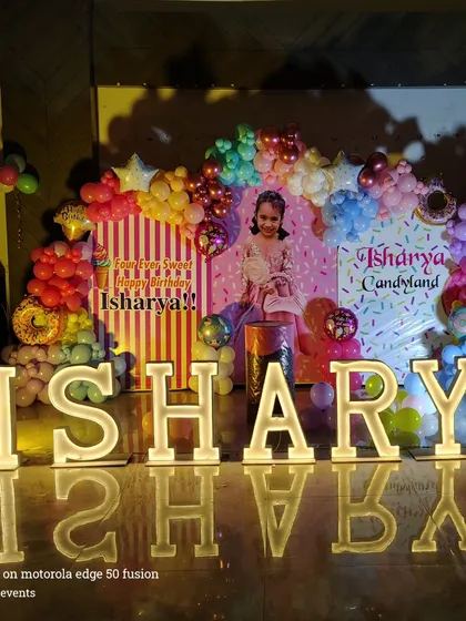A sweet 'Candyland' theme for a fourth birthday party. This setup features large illuminated letters spelling the name, a custom candy-themed backdrop, and colorful balloon arrangements.