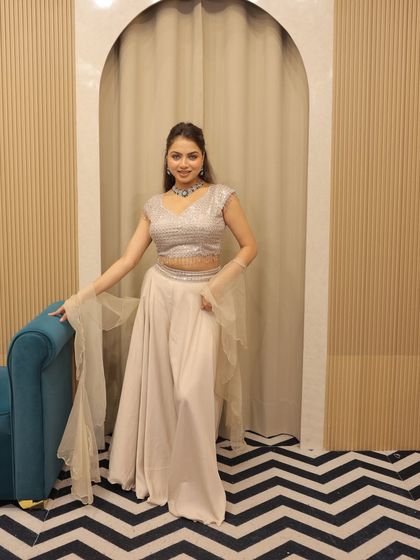 A full-length view of the sharara set, showing its flattering silhouette and modern design. Perfect for dancing the night away.