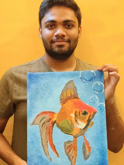 This goldfish painting demonstrates how knife painting can be used to create a sense of movement and fluidity. The textured bubbles and fins add a dynamic quality to the artwork.