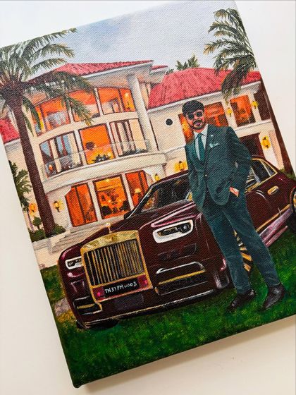 A closer, angled view of the finished solo portrait. You can see the details in the suit, the car, and the warm lights of the house in the background.