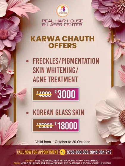 My Karwa Chauth offers are here. Get special prices on treatments for freckles, pigmentation, skin whitening, and acne, as well as a great discount on the Korean Glass Skin treatment. This offer is valid from October 1st to 20th.