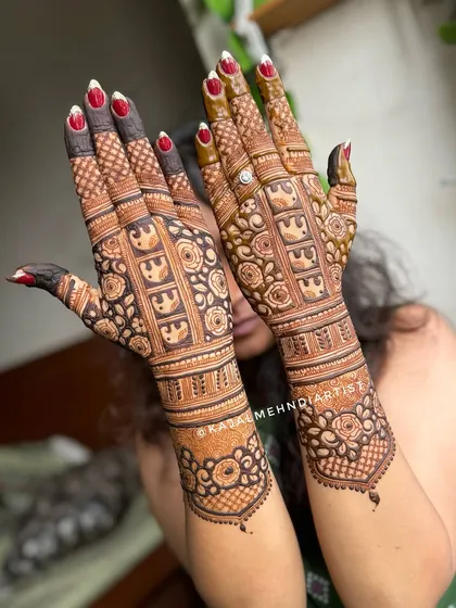 A non-figurative bridal design with elephant patterns.