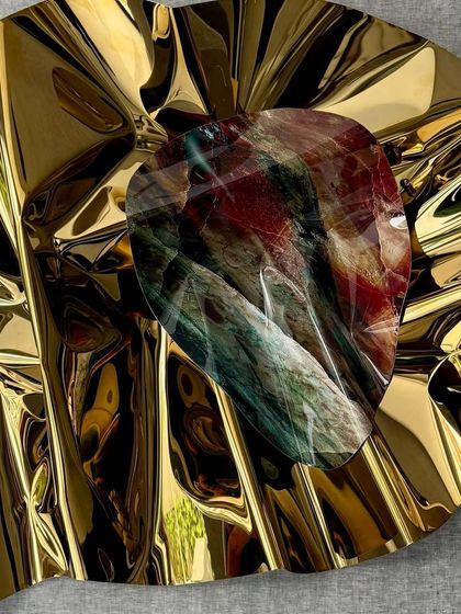 A close-up of the bar sculpture, revealing a surprising core of multi-colored, textured art within the golden form.