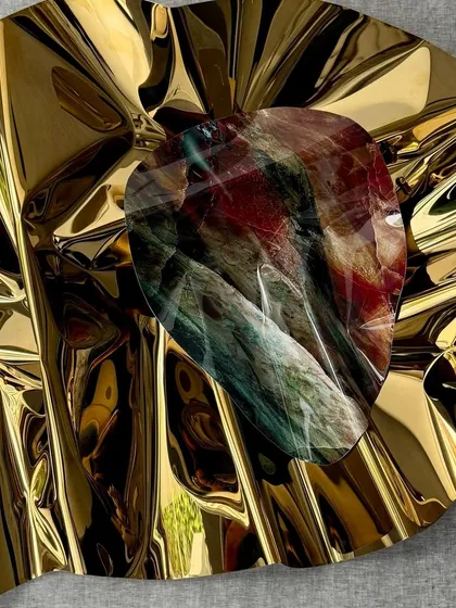 A close-up of the bar sculpture, revealing a surprising core of multi-colored, textured art within the golden form.
