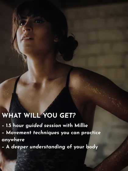 An informational graphic detailing what you get from our Animal Flow workshop with regional leader Millie: a guided session, techniques to practice anywhere, and a deeper understanding of your body.