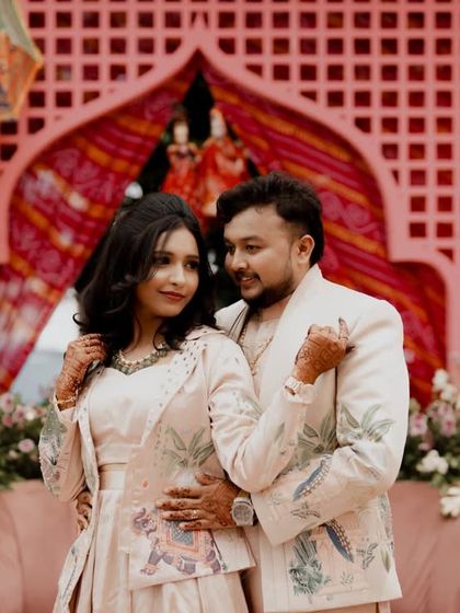 A romantic portrait of the couple at their Sangeet, sharing a quiet moment together.