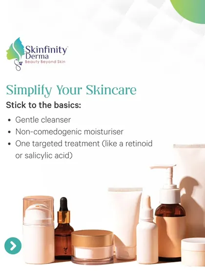A snippet from Dr. Johri's feature in the Times of India, this image highlights the importance of simplifying your skincare to the basics: a gentle cleanser, a non-comedogenic moisturizer, and one targeted treatment.