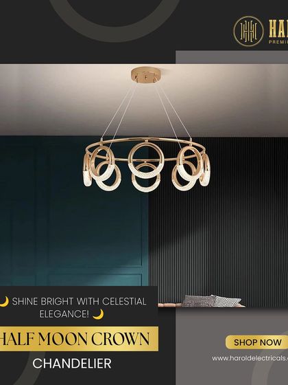 The Half Moon Crown Chandelier arranges celestial shapes in a circular form. It's a modern and elegant fixture that brings a touch of cosmic charm to your home.