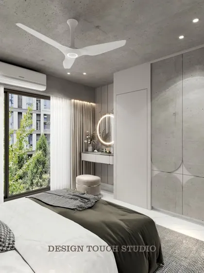 A render showing the custom wardrobe with its unique curved-edge detailing, which adds a soft, sculptural element to the room.
