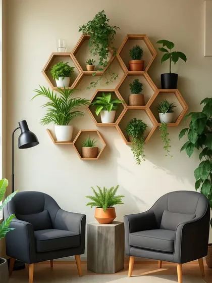 These hexagonal wall shelves create a unique, honeycomb-like structure for displaying a variety of plants. It's a modern and playful way to bring greenery into your home.