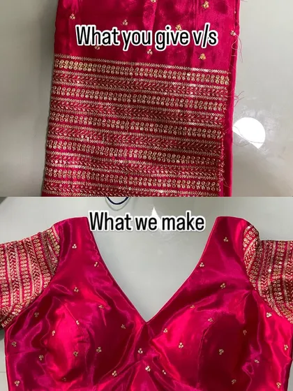 A beautiful pink fabric with sequin work turned into a classic V neck blouse. The border of the fabric was used to create statement sleeves.