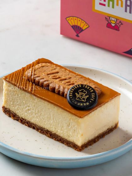 A Biscoff cheesecake slice with its signature cookie on top, presented simply to highlight its creamy texture and popular flavor.